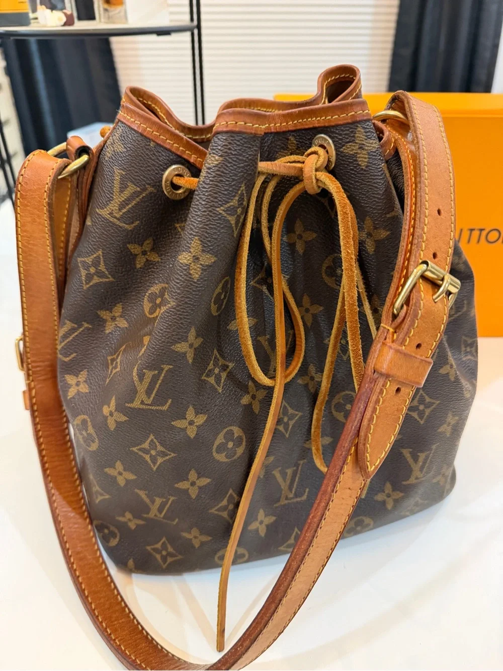 Louis Vuitton Monogram Canvas Drawstring Bucket Bag in Brown & Tan